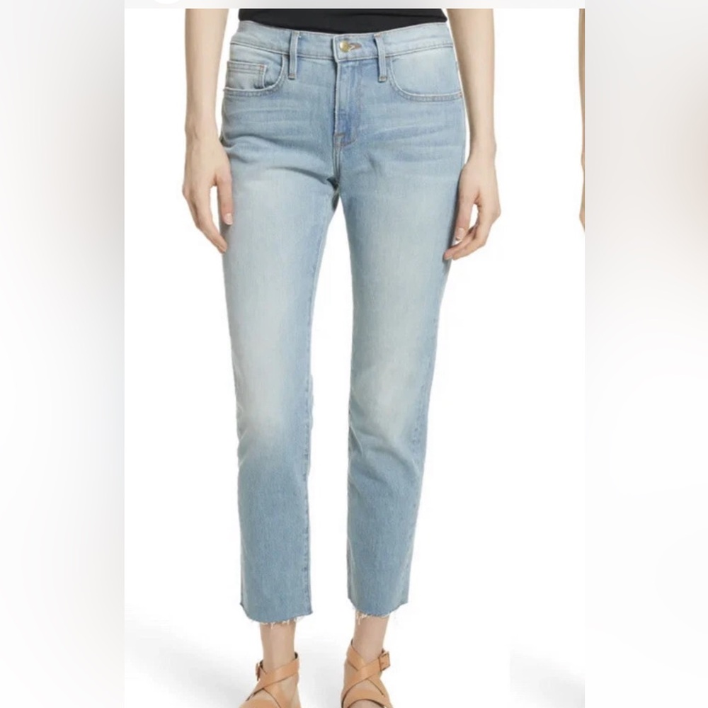 Frame Denim Le Boy High Waist Raw Hem straight leg light blue Jeans in a Size 25